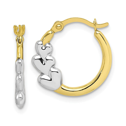 10K and Rhodium and Hearts Hollow Hoop Earrings