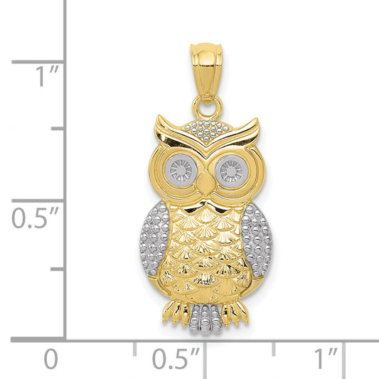 10K & Rhodium Polished & Textured Owl Pendant