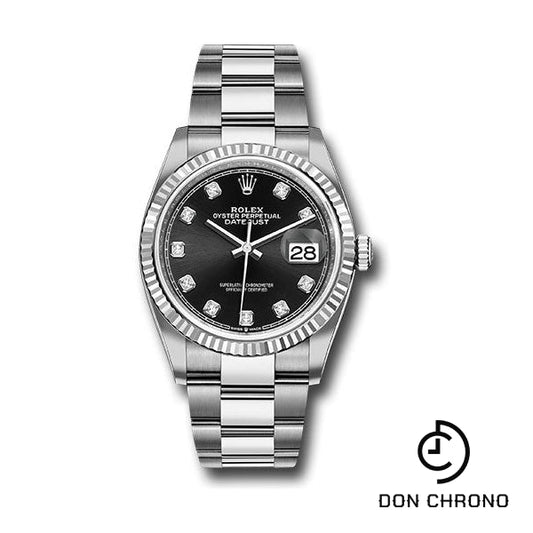Rolex Steel Datejust 36 Watch - Fluted Bezel - Black Diamond Dial - Oyster Bracelet - 126234 bkdo