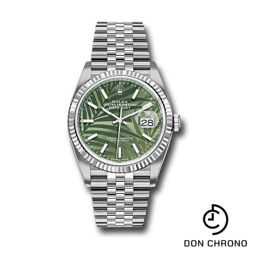 Rolex White Rolesor Datejust 36 Watch - Fluted Bezel - Olive Green Palm Motif Dial - Jubilee Bracelet - 2021 Release - 126234 ogpmij