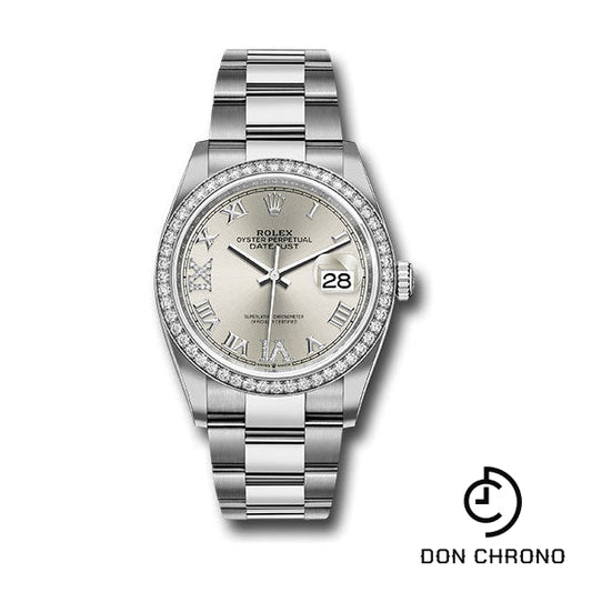 Rolex Steel Datejust 36 Watch - Diamond Bezel - Silver Diamond Roman VI and IX Dial - Oyster Bracelet - 126284RBR sdr69o