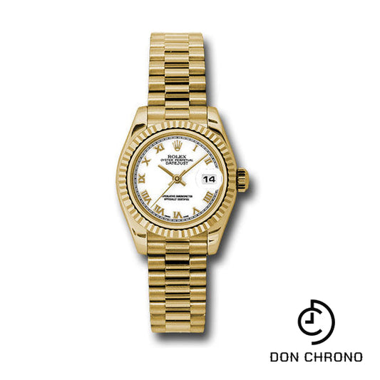 Rolex Yellow Gold Lady-Datejust 26 Watch - Fluted Bezel - White Roman Dial - President Bracelet - 179178 wrp