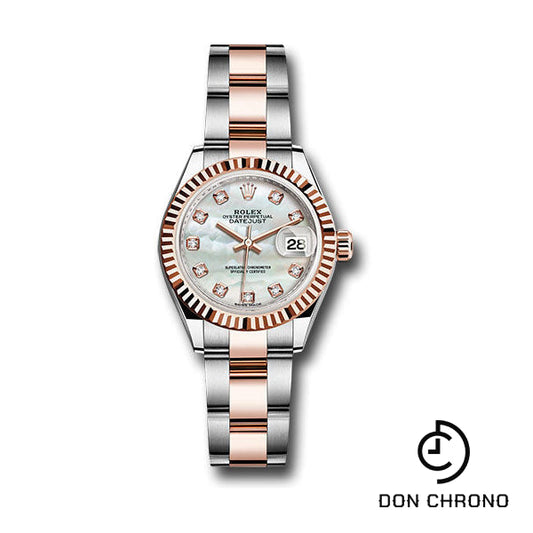 Rolex Steel and Everose Gold Rolesor Lady-Datejust 28 Watch - Fluted Bezel - White Mother-Of-Pearl Diamond Dial - Oyster Bracelet - 279171 mdo