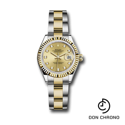 Rolex Steel and Yellow Gold Rolesor Lady-Datejust 28 Watch - Fluted Bezel - Champagne Diamond Dial - Oyster Bracelet - 279173 chdo