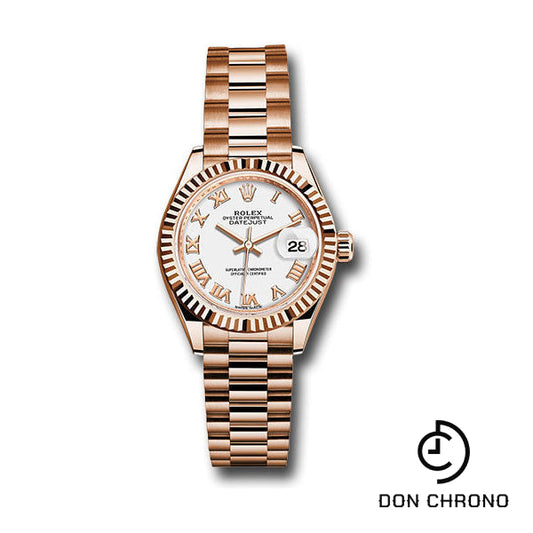 Rolex Everose Gold Lady-Datejust 28 Watch - Fluted Bezel - White Roman Dial - President Bracelet - 279175 wrp