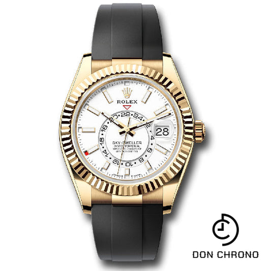 Rolex Yellow Gold Sky-Dweller Watch - Fluted Ring Command Bezel - White Index Dial - Oysterflex Strap - 336238 wiof