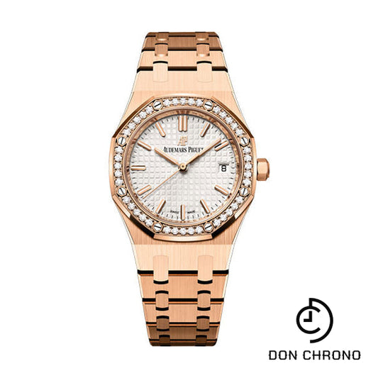 Reloj automático Audemars Piguet Royal Oak - Caja de oro rosa de 34 mm - Bisel de diamantes - Esfera plateada - Brazalete - 77351OR.ZZ.1261OR.01