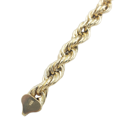 Pulsera de eslabones de cuerda de oro amarillo hueco de 14 quilates