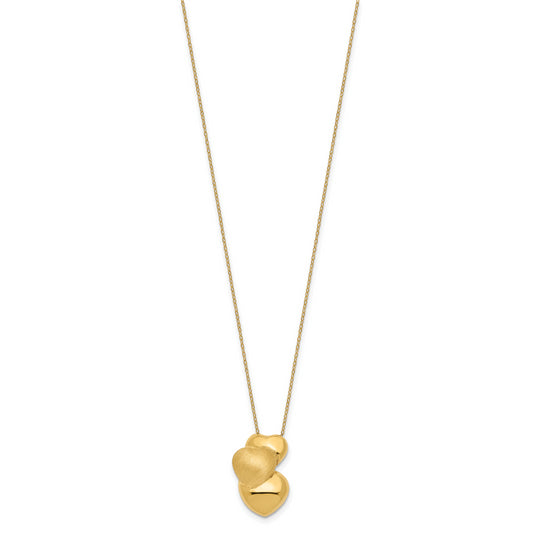14k Polished and Satin 3 Puffed Hollow Hearts Necklace
