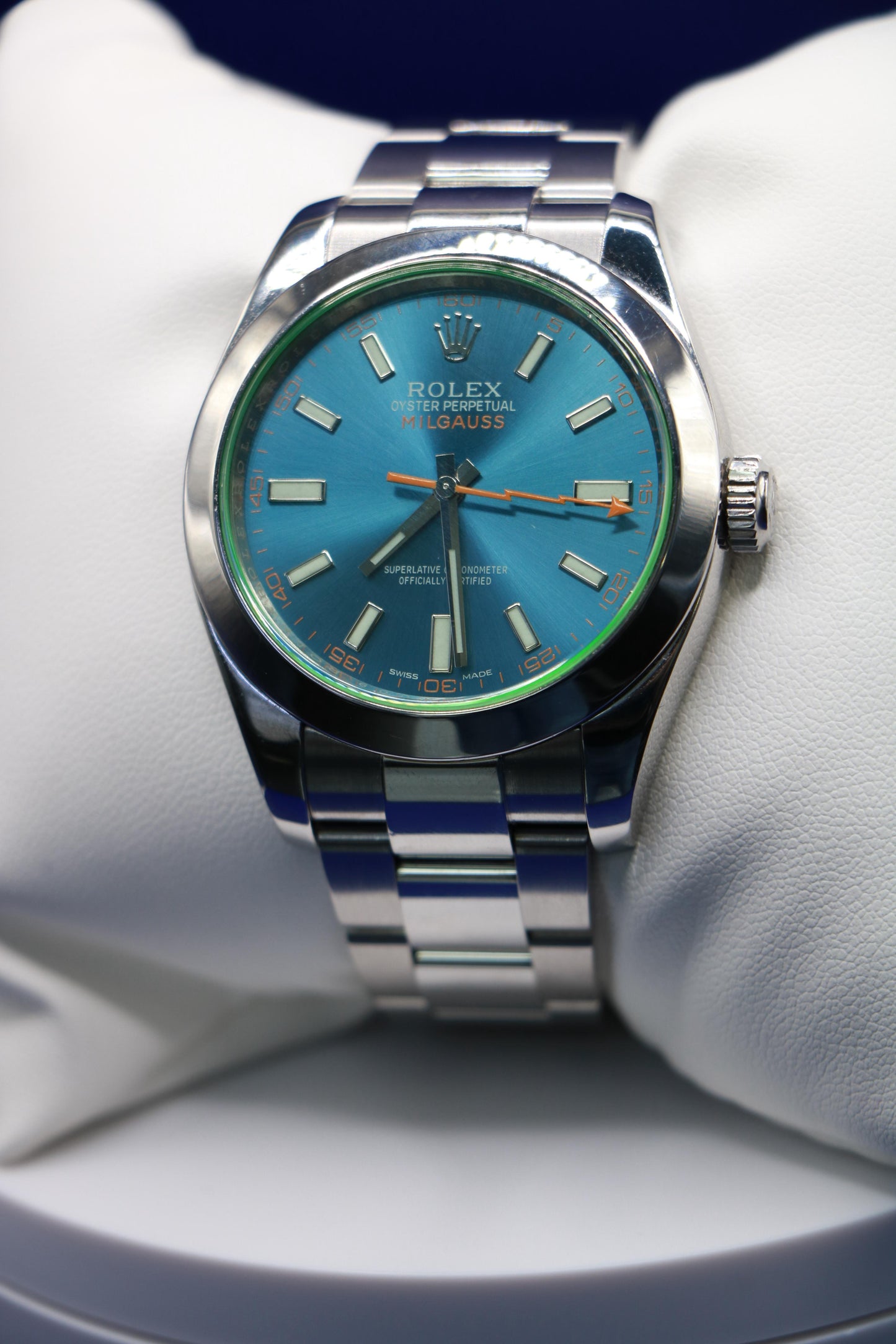 ROLEX MILGAUSS METALLIC BLUE FACE, ORANGE HANDS  ST STEEL 40MM - 116400