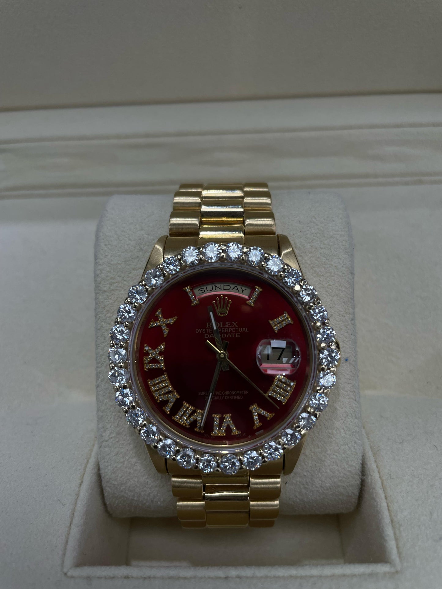 ROLEX DAY-DATE 18K GOLD WITH DIAMOND STONES ROMANX RED FACE 36MM - 18238