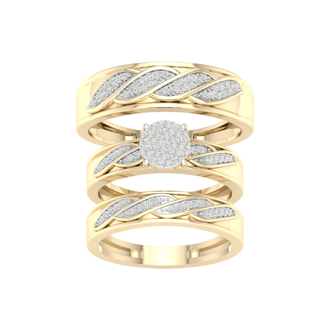 Juego de trío de diamantes con patrón de hoja de 0,33 quilates en oro amarillo de 10 quilates
