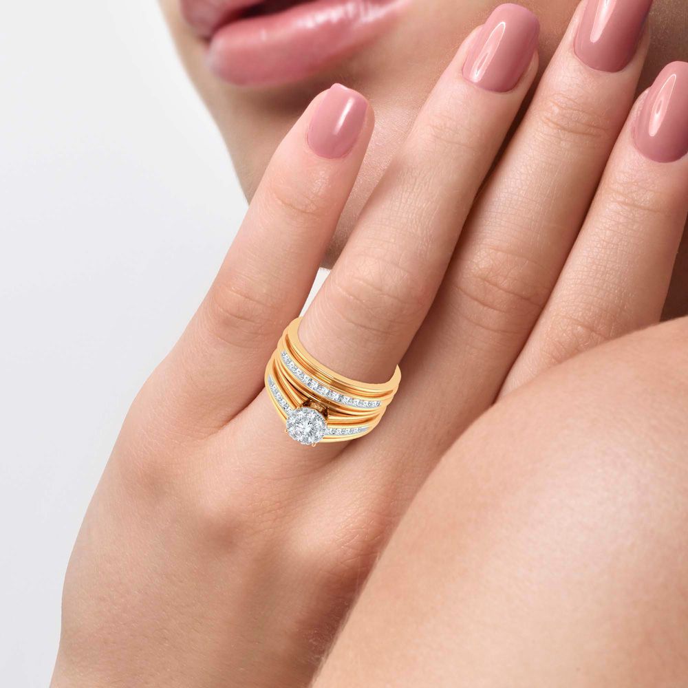 Elegant Embrace: 14K Yellow Gold 0.86CT Diamond Trio Wedding Set