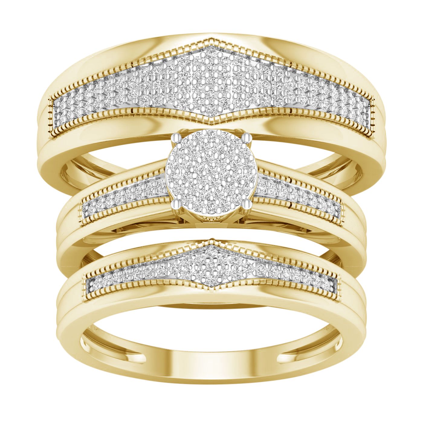 Juego de trío de bodas con diamantes de 0,40 quilates en oro amarillo de 10 quilates