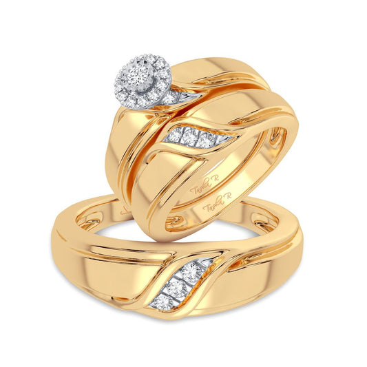 14K Yellow Gold Swirl Diamond Trio Wedding Ring Set, 0.20 CT