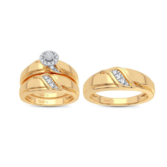 14K Yellow Gold Swirl Diamond Trio Wedding Ring Set, 0.20 CT