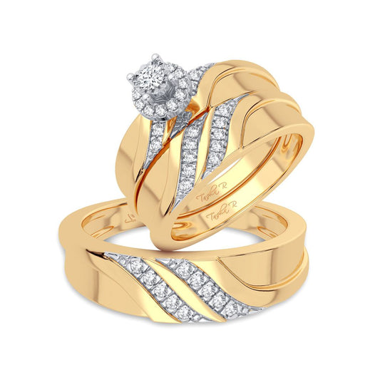 Splendid Radiance: 14K 0.20CT Diamond Trio Wedding Ring Set