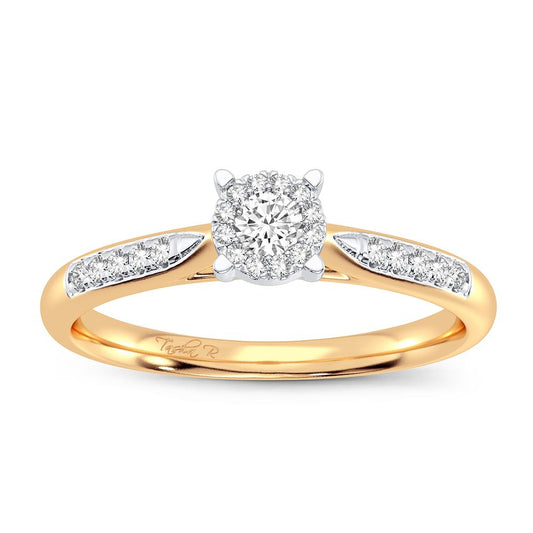 Solitario Sunburst - Anillo de diamantes de 0,15 quilates en oro amarillo de 14 k