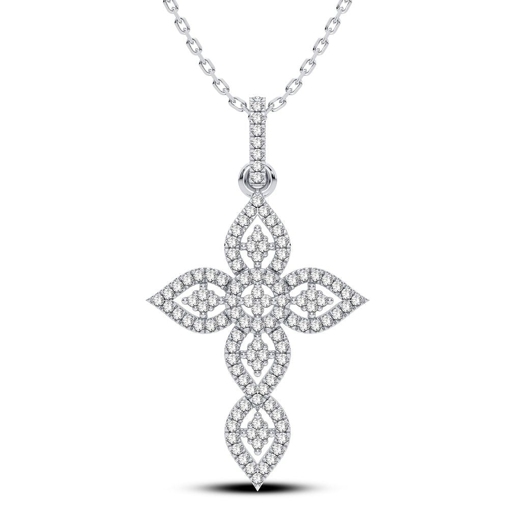10K White Gold Filigree Design 0.20 CT Diamond Cross Pendant