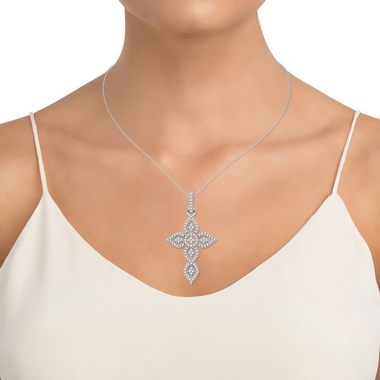 10K White Gold Filigree Design 0.20 CT Diamond Cross Pendant