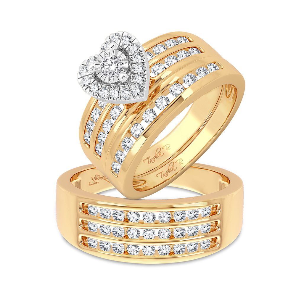 Armonía sincera: juego de boda con trío de diamantes de 1,44 quilates en oro amarillo de 14 quilates