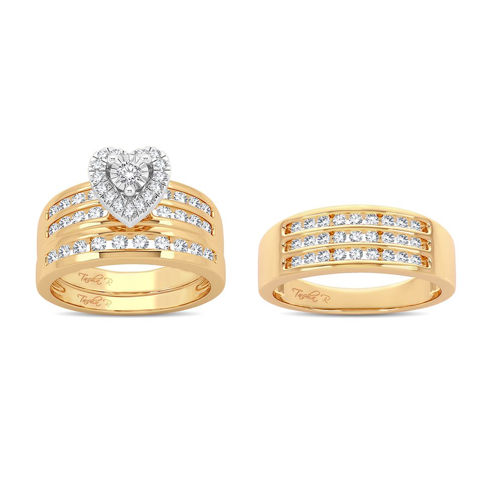 Armonía sincera: juego de boda con trío de diamantes de 1,44 quilates en oro amarillo de 14 quilates