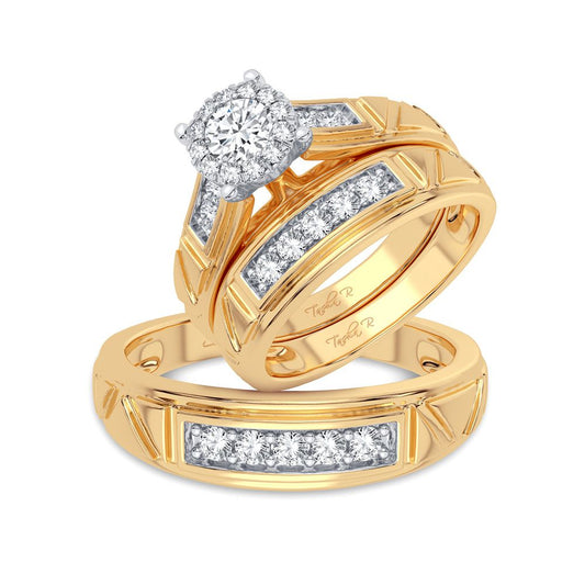 14K Yellow Gold 0.78 CT Diamond Trio Wedding Ring Set