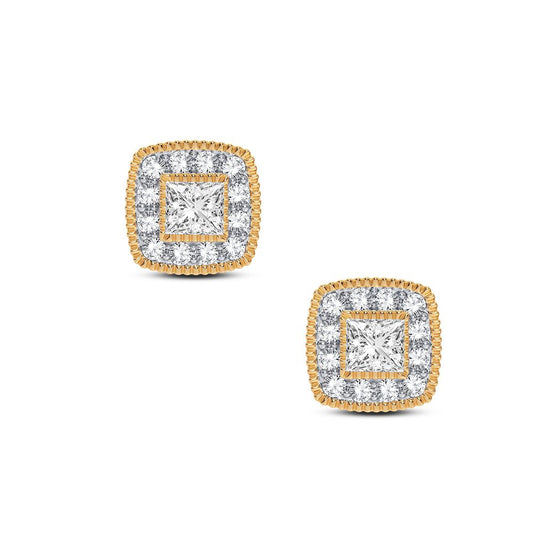 Square Halo Diamond Elegance Stud Earrings - 14K Yellow Gold