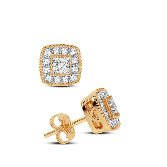 Square Halo Diamond Elegance Stud Earrings - 14K Yellow Gold