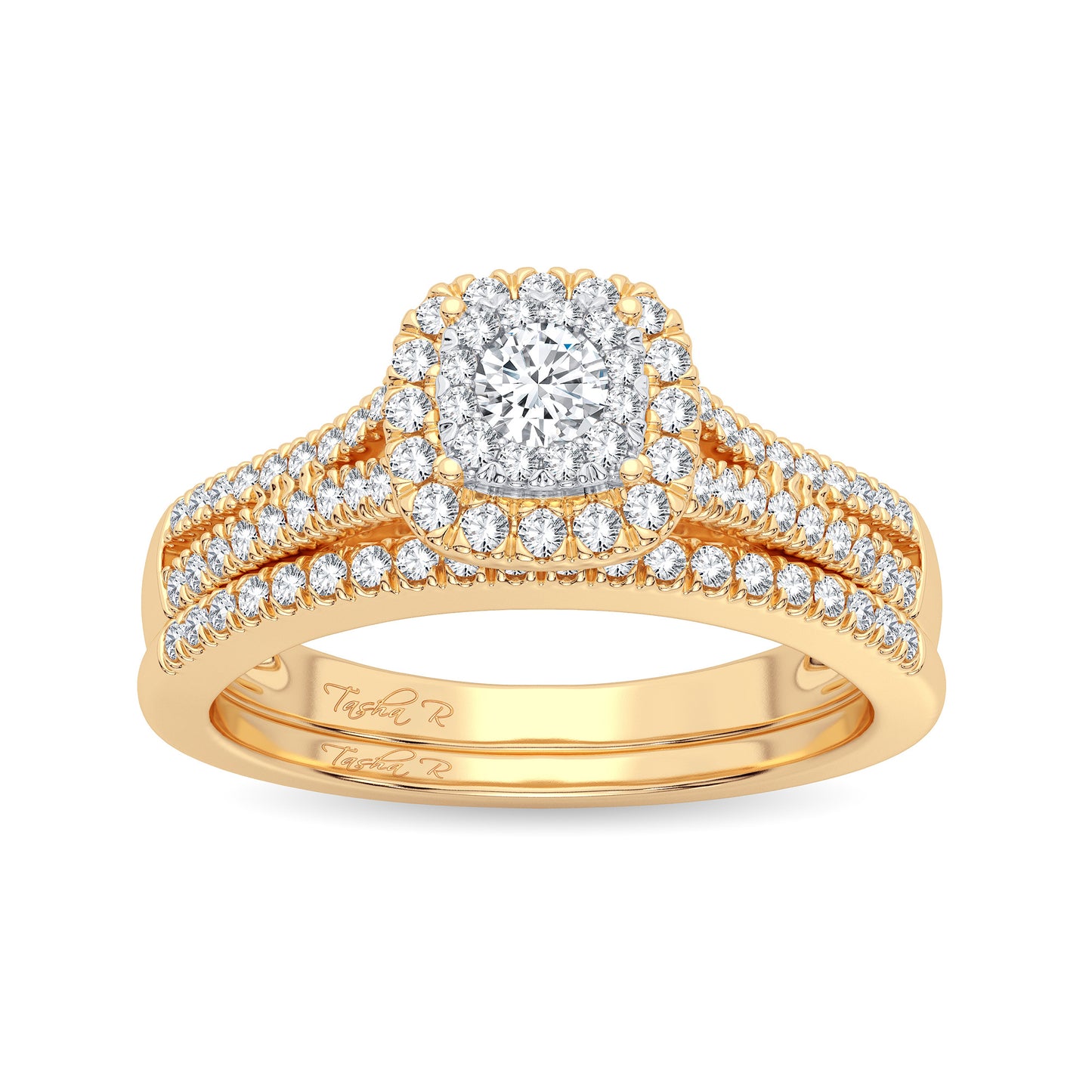 Golden Halo Bliss - Conjunto nupcial de diamantes de 0,38 quilates en oro amarillo de 14 quilates
