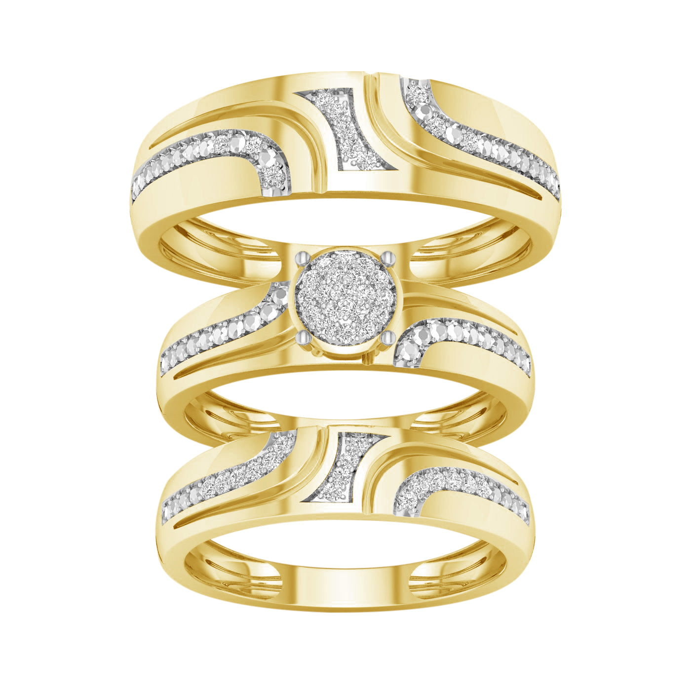 Juego de trío con pavé de diamantes de 0,15 quilates en oro amarillo de 10 quilates