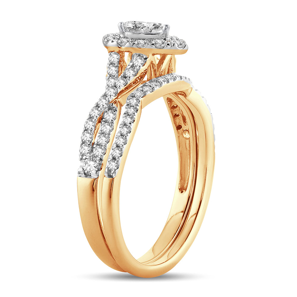 Halo de encantamiento: anillo nupcial de oro amarillo de 14 quilates con diamantes de talla elegante de 0,75 quilates
