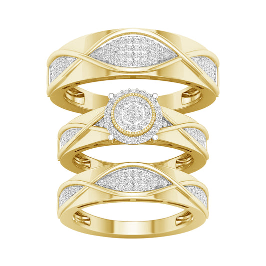 Juego de trío con halo circular de diamantes de 0,50 quilates en oro amarillo de 10 quilates