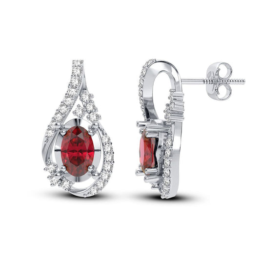 Aretes con diamantes y rubíes en forma de lágrima - Oro blanco de 14 k