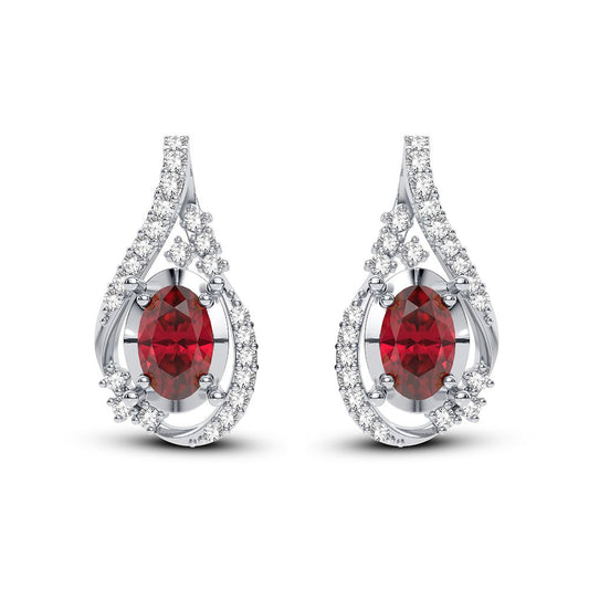 Aretes con diamantes y rubíes en forma de lágrima - Oro blanco de 14 k
