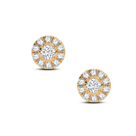 Aretes con halo de diamantes de talla redonda a la moda - Oro amarillo de 14 k