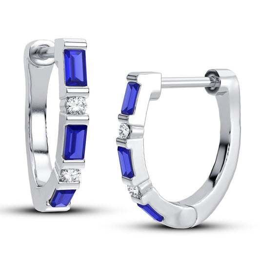 14K White Gold 0.04CT Diamond Sapphire Hoop Earrings