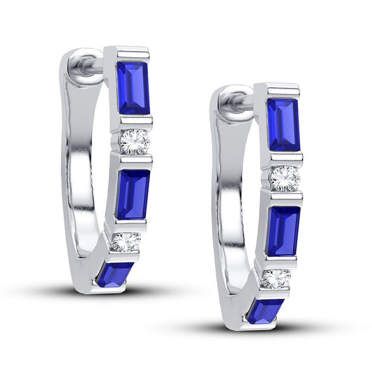 Pendientes de aro de oro blanco de 14 quilates con diamantes y zafiro de 0,04 quilates