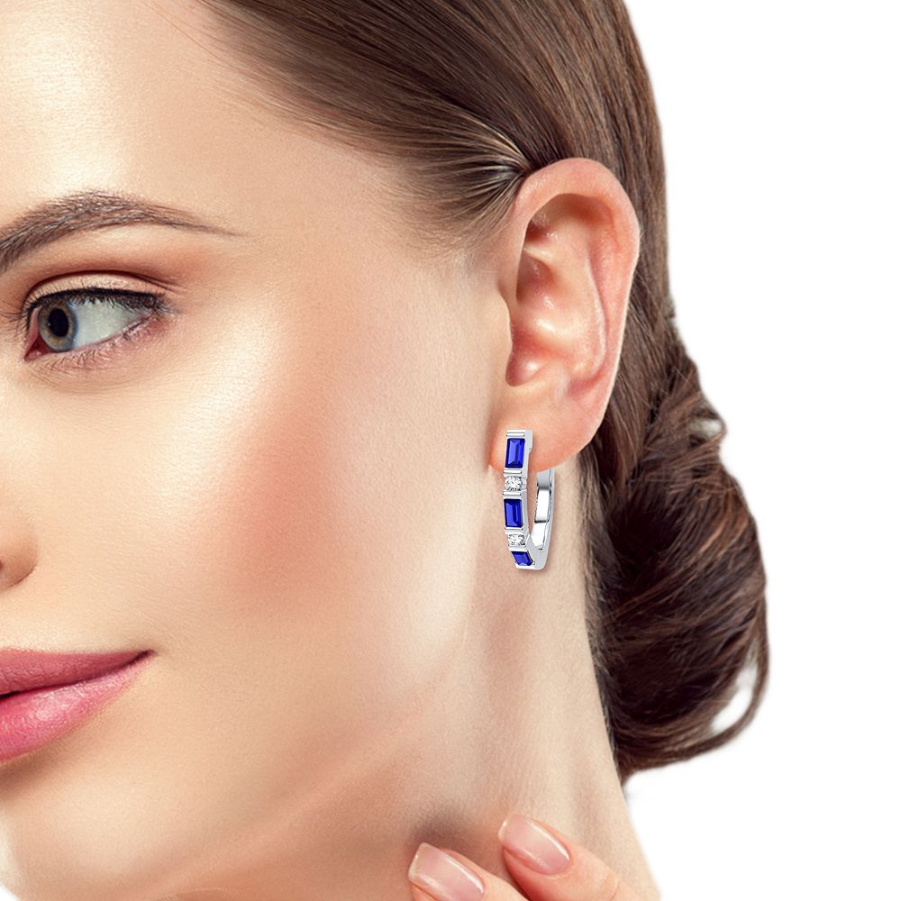 14K White Gold 0.04CT Diamond Sapphire Hoop Earrings