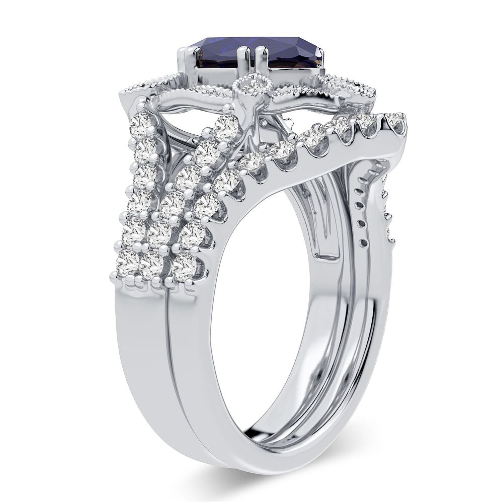 Regal Indigo Majesty: 14K White Gold 0.90ct Diamond and Sapphire Ring