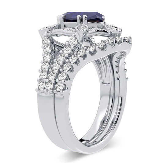 Regal Indigo Majesty: 14K White Gold 0.90ct Diamond and Sapphire Ring