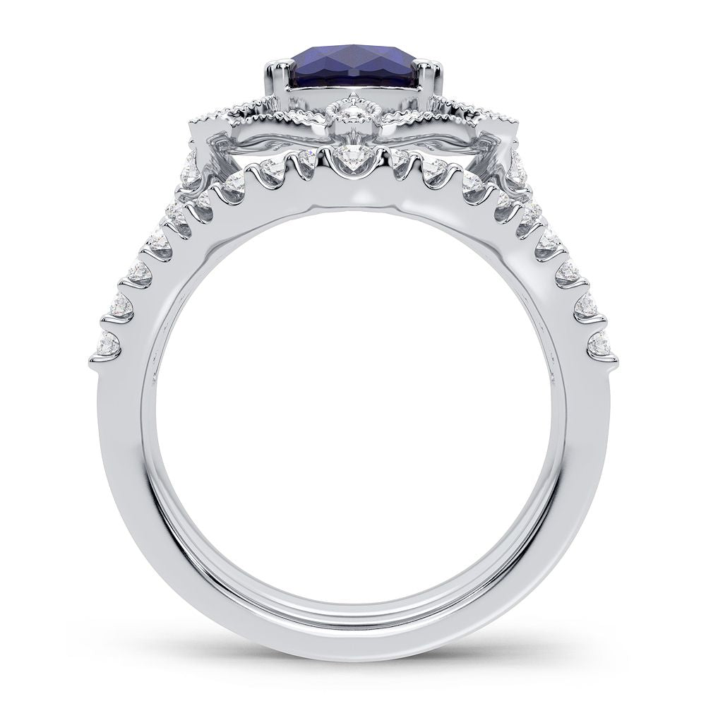 Regal Indigo Majesty: 14K White Gold 0.90ct Diamond and Sapphire Ring