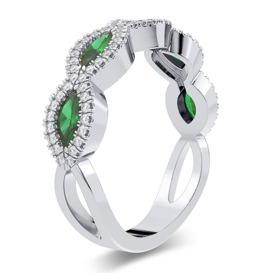 Verde Vista - Banda de oro blanco de 14 quilates con diamantes de 0,20 quilates y piedras preciosas verdes