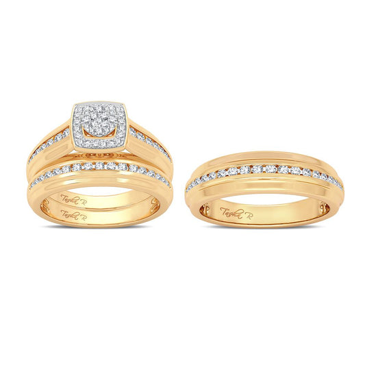 Squared Radiance: 14K Yellow Gold 0.86CT Diamond Trio Wedding Set