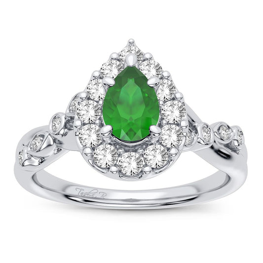 14K White Gold 0.27ct Diamond & Emerald Pear-Shaped Ring