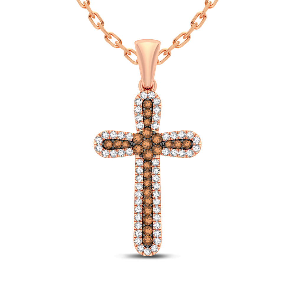 Colgante de cruz de diamantes blancos y chocolate de 1 quilate en oro rosa cálido de 14 quilates