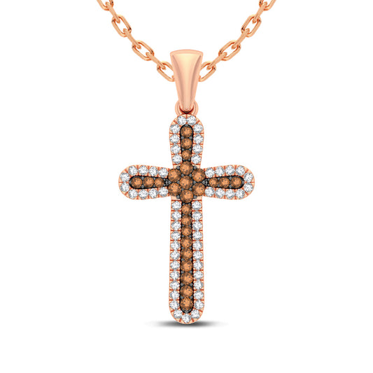 Colgante de cruz de diamantes blancos y chocolate de 1 quilate en oro rosa cálido de 14 quilates