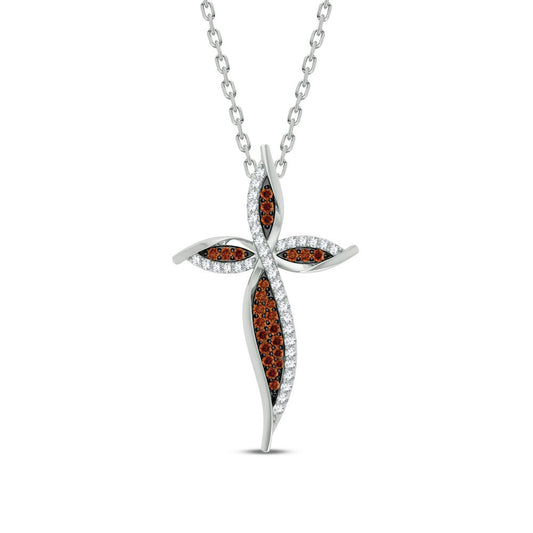 Vibrante colgante de cruz de oro blanco de 14 quilates con diamantes rojos y blancos de 0,30 quilates
