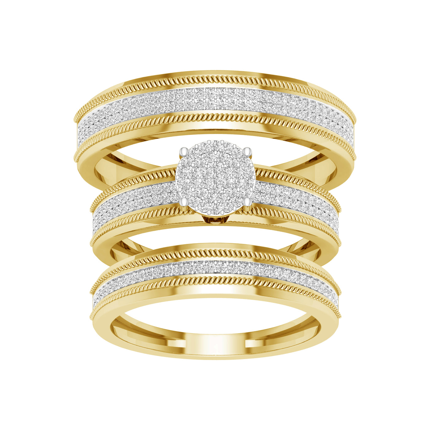 Juego de trío en capas de pavé de diamantes de 0,60 quilates en oro amarillo de 10 quilates