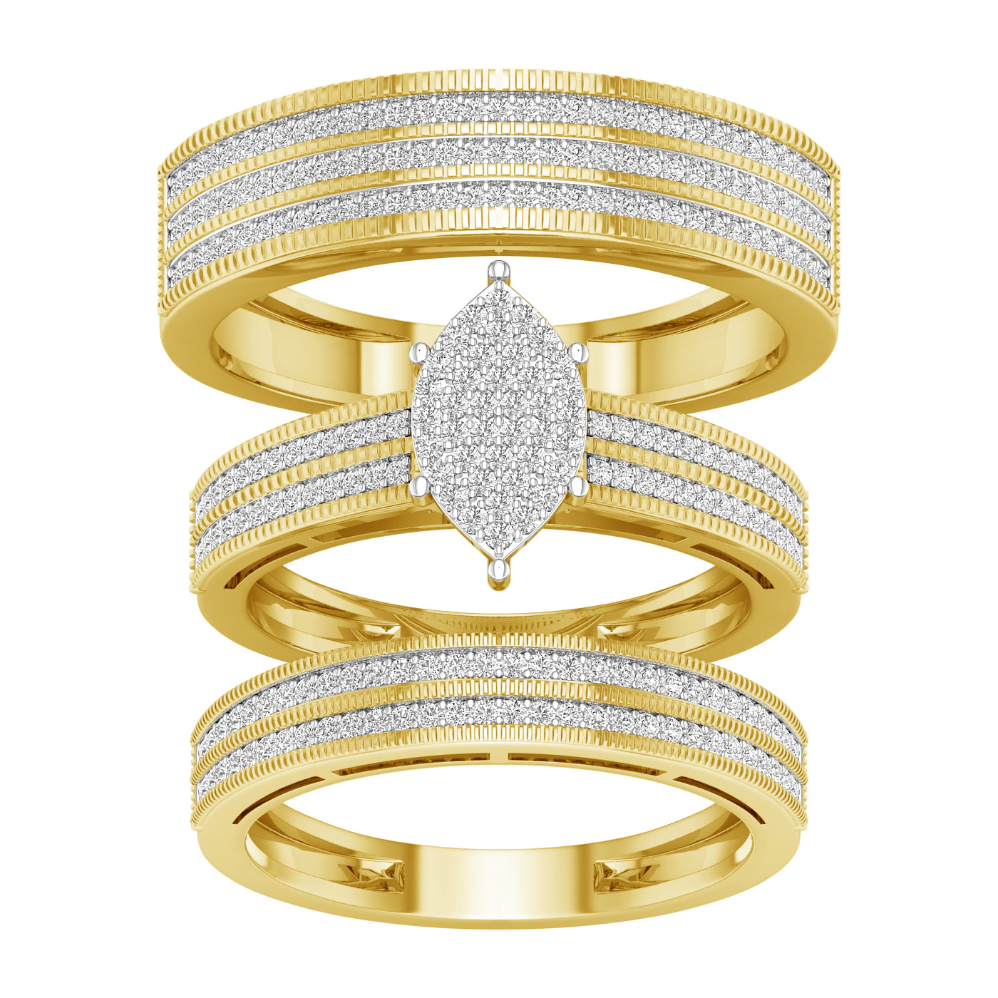 Juego de trío de lujo con diamantes de 0,75 quilates en oro amarillo de 10 quilates